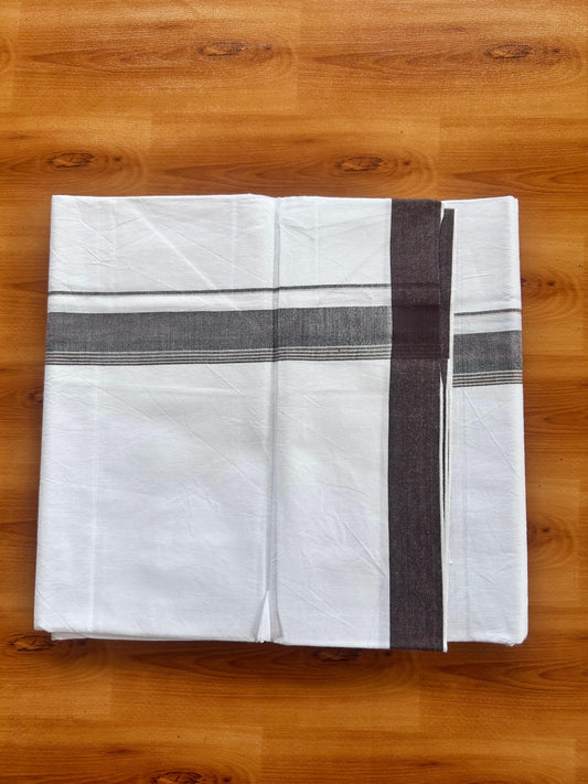 Single Mundu/Dhoti  - Pure White - KaithariKada Balaramapuram 100% Cotton - Twisted 60s Thread - 1 inch  Silver Kasav Black & Brown Shaded Striped Kara (2 meter / 4 muzham) - 17 KK5495 GL