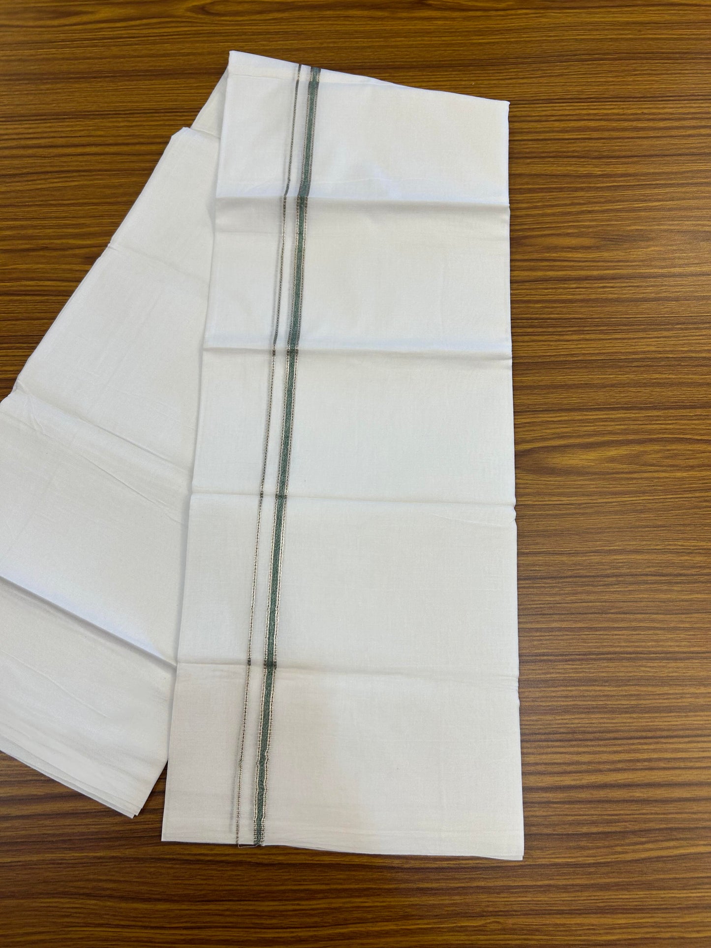 20% Discount! KaithariKada Balaramapuram 100% Cotton Double Pure white Mundu/Dhoti- 100X80 - 1 cm Green & Silver Kasav shaded Kara - Between3.80-3.95m (8 muzham) - 16 KK5355 CKS