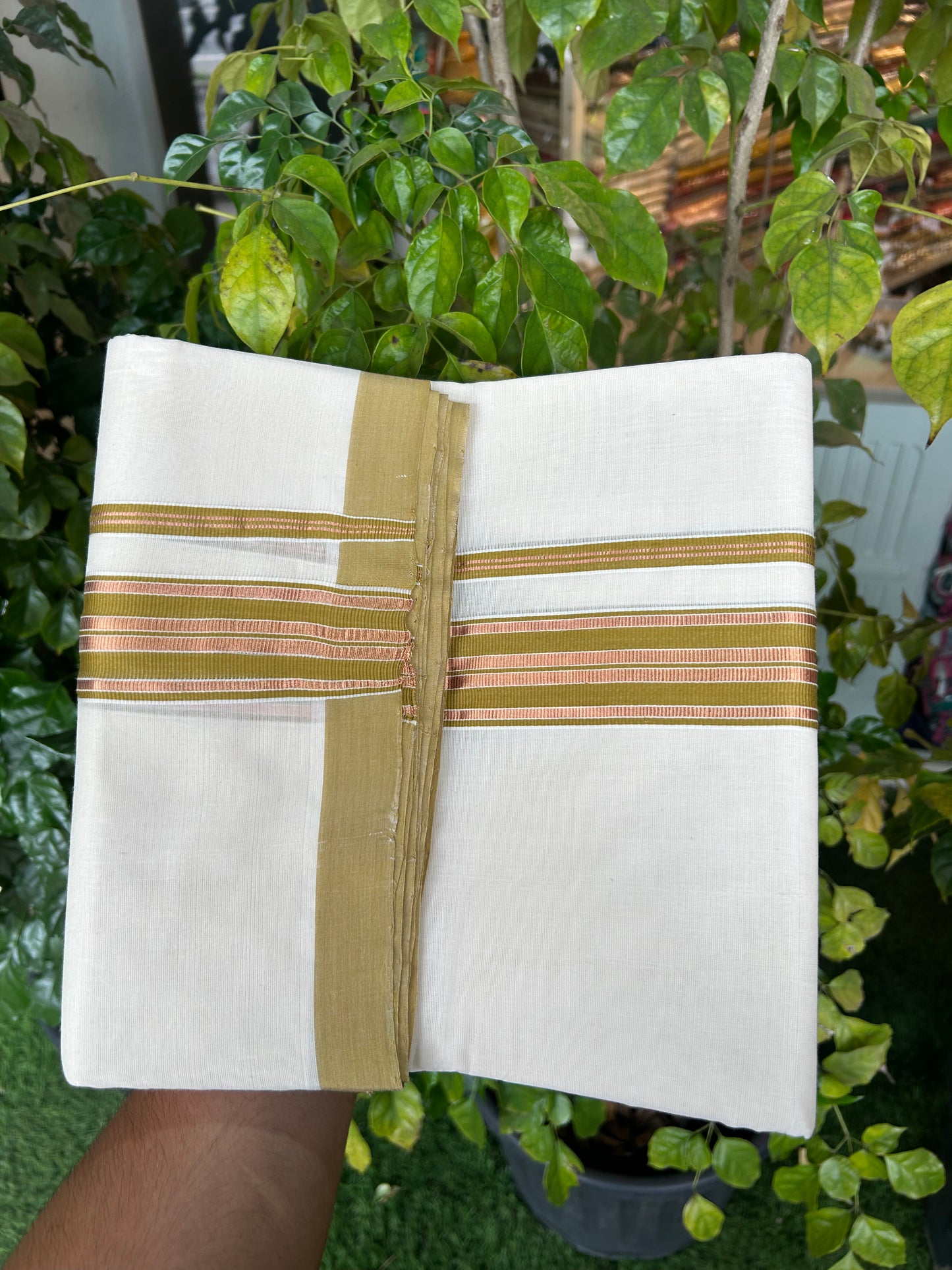 25% Discount ! KaithariKada Handloom Millpaav - Kerala Handloom - 100% Pure Cotton Off White (Unbleached) Double Mundu/Dothi - 80x90 - 1.5 inch Gold Kasav & Olive Brown Striped Kara 4 Mtr (8.5 Muzham) - 24 KK5328 RAM