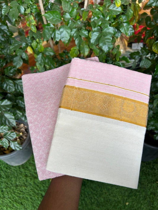 20% DISCOUNT ! KaithariKada Balaramapuram 100% Cotton - (60)s - Single Off white Mundu/Dhoti & Shirt Material Combo - 2 inch Kasavu jacquard Kara with Lavender Pink shaded shirt material   - 18 KK7009 THI