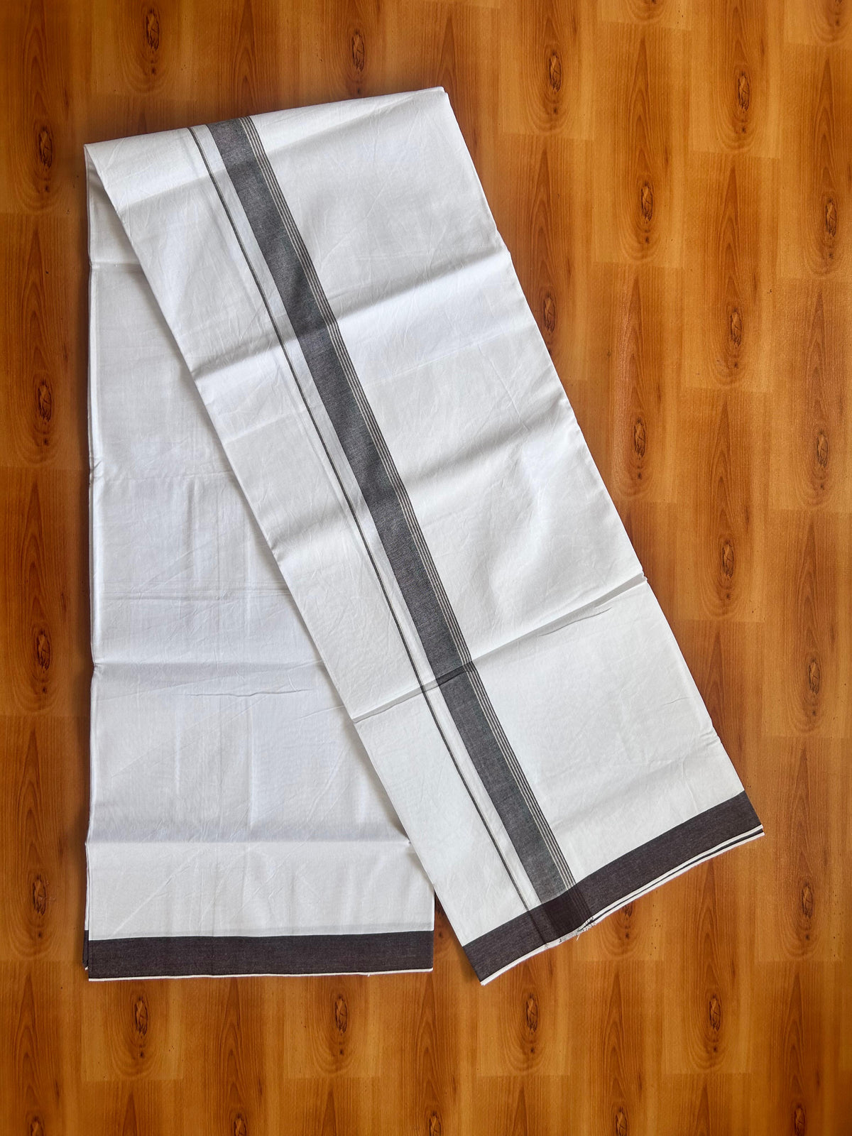 Single Mundu/Dhoti  - Pure White - KaithariKada Balaramapuram 100% Cotton - Twisted 60s Thread - 1 inch  Silver Kasav Black & Brown Shaded Striped Kara (2 meter / 4 muzham) - 17 KK5495 GL