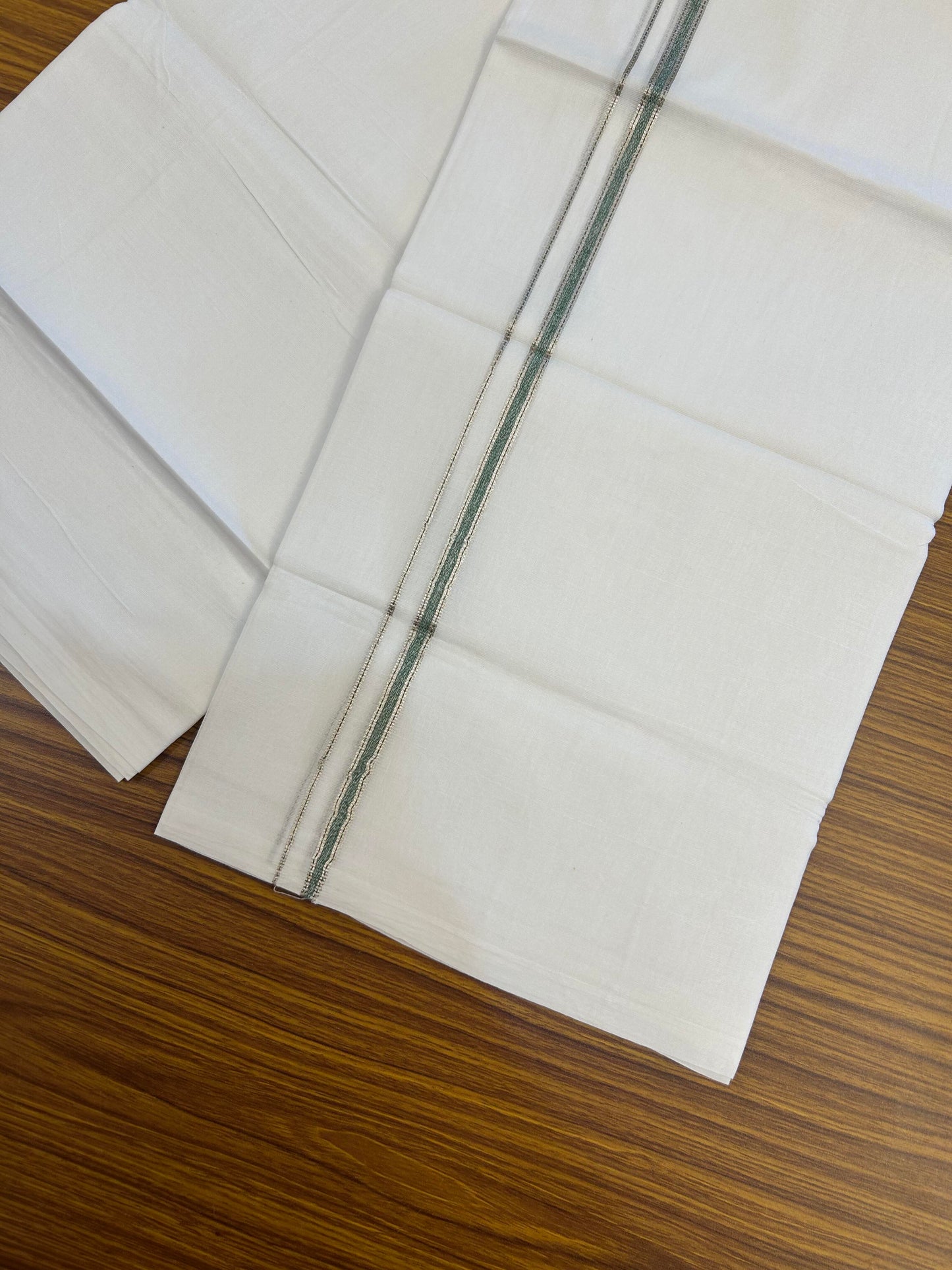 20% Discount! KaithariKada Balaramapuram 100% Cotton Double Pure white Mundu/Dhoti- 100X80 - 1 cm Green & Silver Kasav shaded Kara - Between3.80-3.95m (8 muzham) - 16 KK5355 CKS