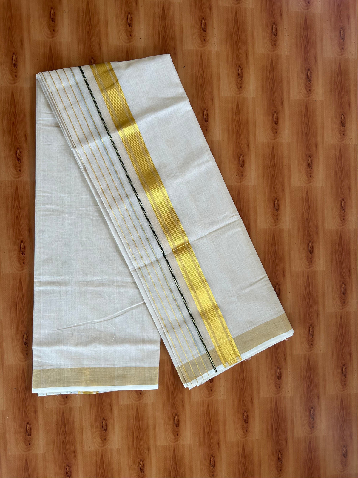 Double Off White - (Unbleached) Mundu/Dhoti - 25% Discount! KaithariKada Pulimood Handloom Millpaav - Pure Cotton - (80X90) - 6.5 inch Gold Kasav & Green Striped Kara With Tissue Body 3.80 mtr (8 Muzham) - 2 KK5544 CED