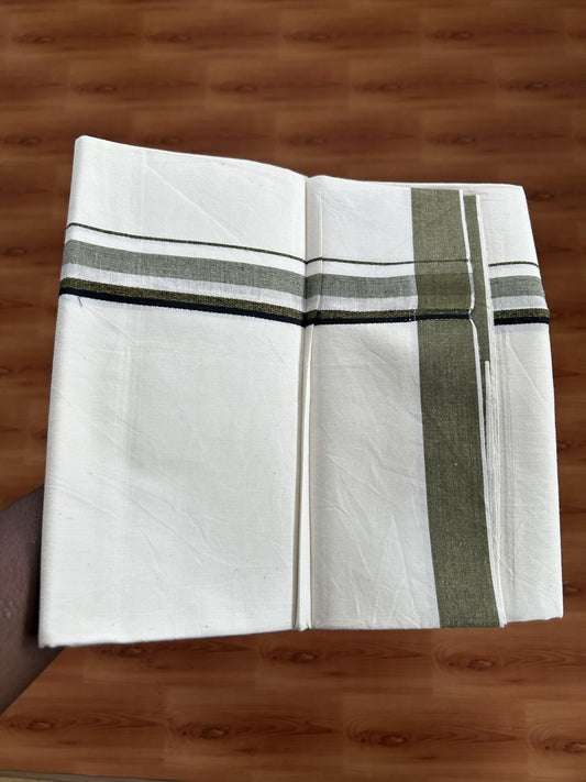 Single Mundu/Dhoti - Off White (Unbleached) 29% Discount !! KaithariKada Balaramapuram 100% Cotton Twisted 60s Thread - 1 Inch Silver Kasav & Black & Mustard Yellow Shaded Kara (2 meter /4 muzham) - 5 KK5393 GL