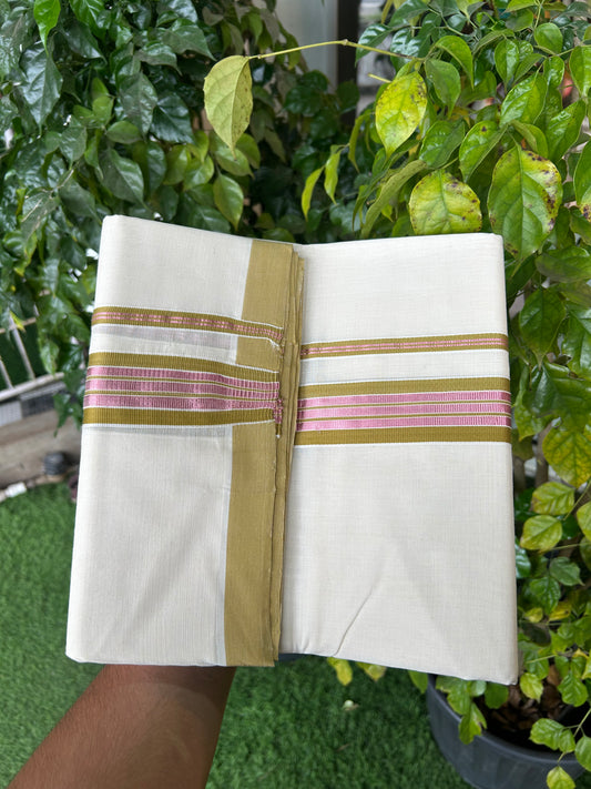 25% Discount ! KaithariKada Handloom Millpaav Balaramapuram - 100% Pure Cotton Off White (Unbleached) Double Mundu/Dothi - 80x90 - 1.75 inch Rose Pink Kasav & Olive Brown Striped Kara 4 Meters (8.5 Muzham) - 4 KK5328 RAM