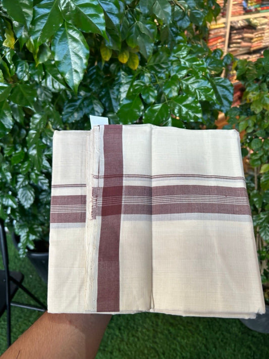 25% Discount KaithariKada Handloom Unakkupaav Balaramapuram - 100% PURE Cotton off white (Unbleached) Double Mundu/Dhoti - 80X90 - 1.5 inch Brown Striped Kara 3.80 mtr (8 muzham) - 9 KK5260 ELA
