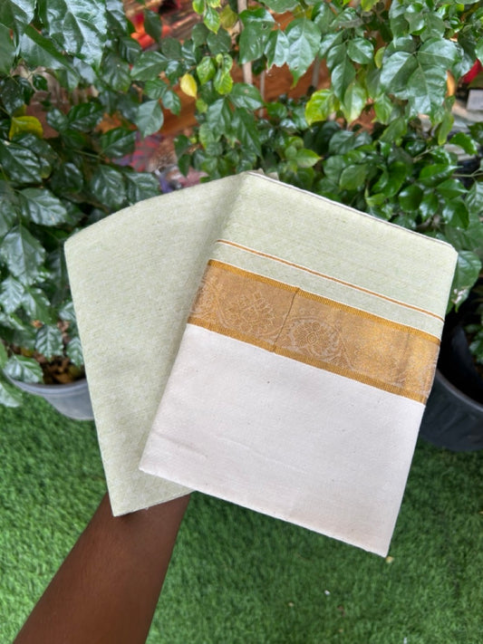 20% DISCOUNT ! KaithariKada Balaramapuram 100% Cotton - (60)s - Single Off white Mundu/Dhoti & Shirt Material Combo - 2 inch Kasavu jacquard Kara with Pista Green shaded shirt material   - 19 KK7009 THI