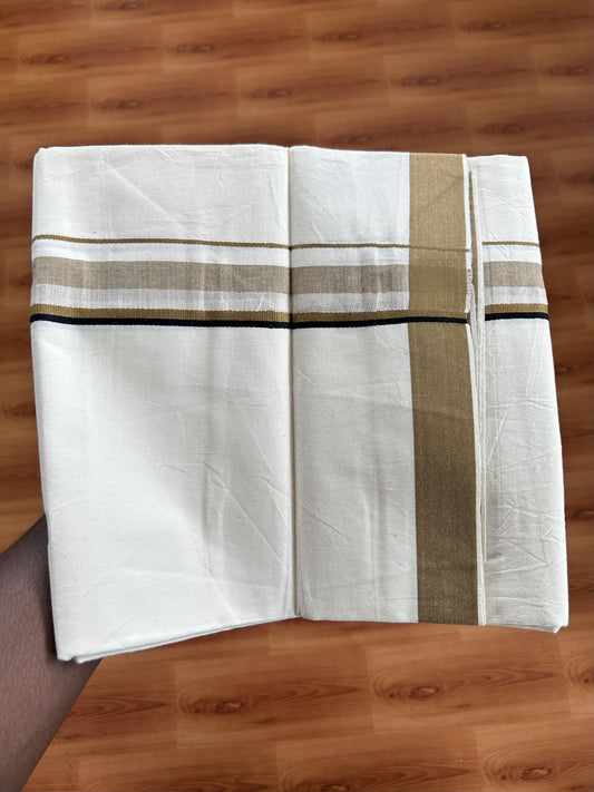 Single Mundu/Dhoti - Off White (Unbleached) 29% Discount !! KaithariKada Balaramapuram 100% Cotton Twisted 60s Thread - 1 Inch Silver Kasav & Black & Sand Brown Shaded Kara (2 meter /4 muzham) - 10 KK5393 GL