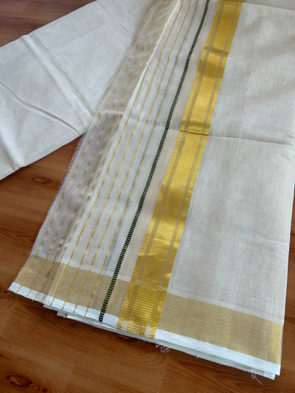 Double Off White - (Unbleached) Mundu/Dhoti - 25% Discount! KaithariKada Pulimood Handloom Millpaav - Pure Cotton - (80X90) - 6.5 inch Gold Kasav & Green Striped Kara With Tissue Body 3.80 mtr (8 Muzham) - 2 KK5544 CED