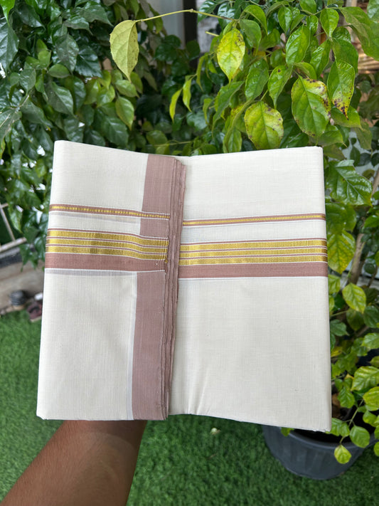 25% Discount ! KaithariKada Handloom Millpaav Balaramapuram - 100% Pure Cotton Off White (Unbleached) Double Mundu/Dothi - 80x90 - 1.5 inch Gold Kasav & Dusty Rose Striped Kara 4 Meters (8.5 Muzham) - 3 KK5328 RAM