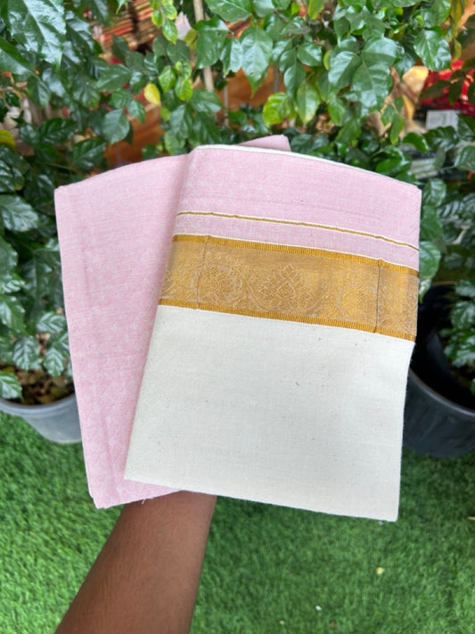20% DISCOUNT ! KaithariKada Balaramapuram 100% Cotton - (60)s - Single Off white Mundu/Dhoti & Shirt Material Combo - 2 inch Kasavu jacquard Kara with Pink shaded shirt material   - 20 KK7009 THI