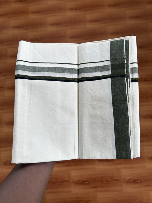 Single Mundu/Dhoti - Off White (Unbleached) 29% Discount !! KaithariKada Balaramapuram 100% Cotton Twisted 60s Thread - 1 Inch Silver Kasav & Black & Dark Green Shaded Kara (2 meter /4 muzham) - 7 KK5393 GL