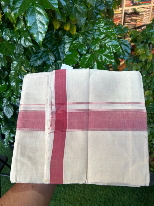 25% Discount KaithariKada Handloom Unakkupaav Balaramapuram - 100% PURE Cotton off white (Unbleached) Double Mundu/Dhoti - 80X90 - 1.75 inch Light Maroon Shaded Striped Kara 3.80 mtr (8 muzham) - 3 KK5260 ELA