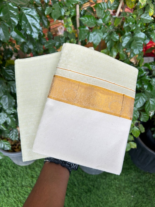 20% DISCOUNT ! KaithariKada Balaramapuram 100% Cotton - (60)s - Single Off white Mundu/Dhoti & Shirt Material Combo - 2 inch Kasavu jacquard Kara with Light Pista Green shaded shirt material   - 21 KK7009 THI