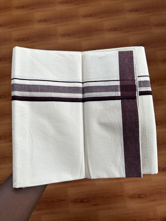 Single Mundu/Dhoti - Off White (Unbleached) 29% Discount !! KaithariKada Balaramapuram 100% Cotton Twisted 60s Thread - 1 Inch Silver Kasav & Black & Dark Maroon Shaded Kara (2 meter /4 muzham) - 11 KK5393 GL