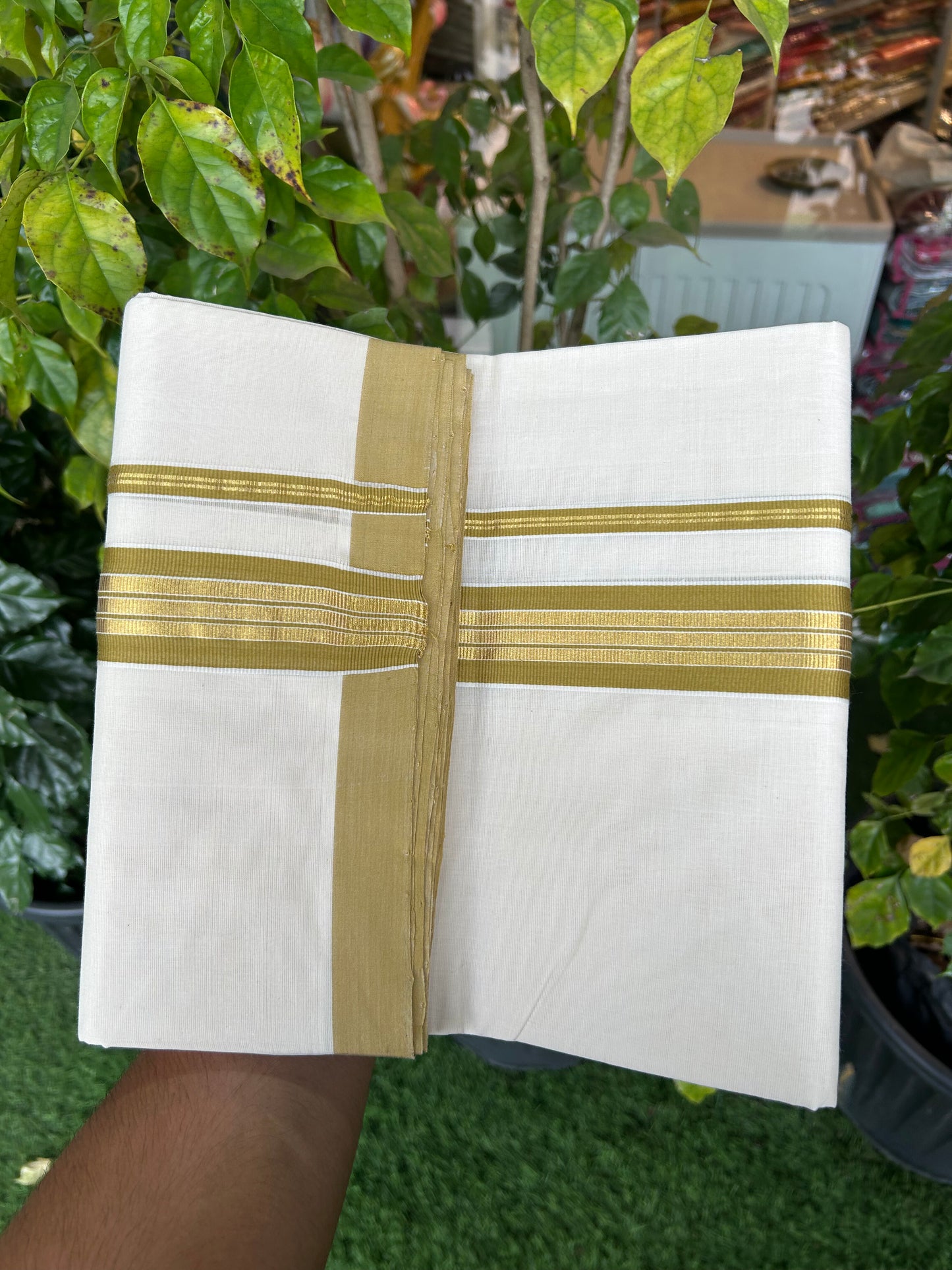 25% Discount ! KaithariKada Handloom Millpaav - Kerala Handloom - 100% Pure Cotton Off White (Unbleached) Double Mundu/Dothi - 80x90 - 1.5 inch Gold Kasav & Olive Brown Striped Kara 4 Mtr (8.5 Muzham) - 23 KK5328 RAM