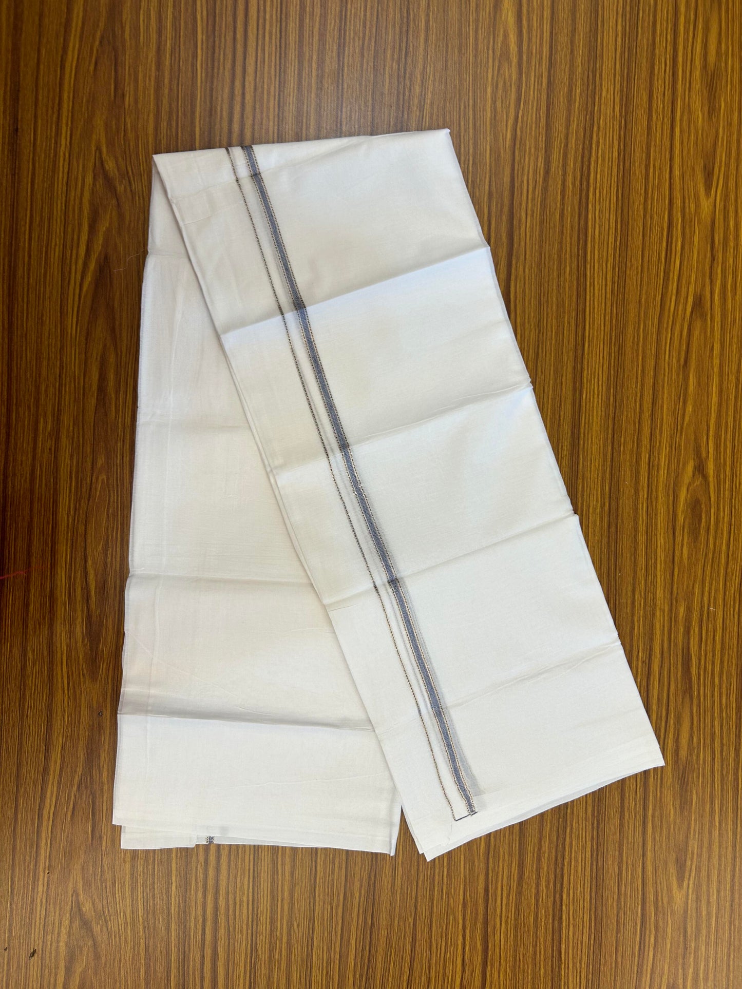 20% Discount! KaithariKada Balaramapuram 100% Cotton Double Pure white Mundu/Dhoti- 100X80 - 1 cm Navy Blue & Silver Kasav shaded Kara - Between3.80-3.95m (8 muzham) - 19 KK5355 CKS