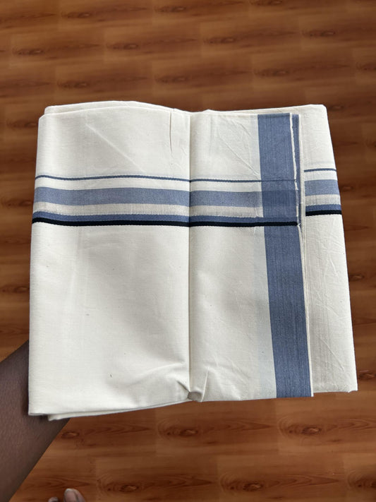 Single Mundu/Dhoti - Off White (Unbleached) 29% Discount !! KaithariKada Balaramapuram 100% Cotton Twisted 60s Thread - 1 Inch Silver Kasav & Black & Greyish Blue Shaded Kara (2 meter /4 muzham) - 4 KK5393 GL