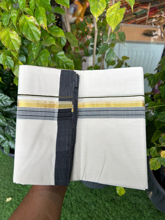 25% Discount ! KaithariKada Handloom Millpaav Balaramapuram - 100% Pure Cotton Off White (Unbleached) Double Mundu/Dothi - 80x90 - 1.5 inch Gold Kasav & Black Shaded Striped Kara 3.60 Mtr (8 Muzham) - 16 KK5328 RAM
