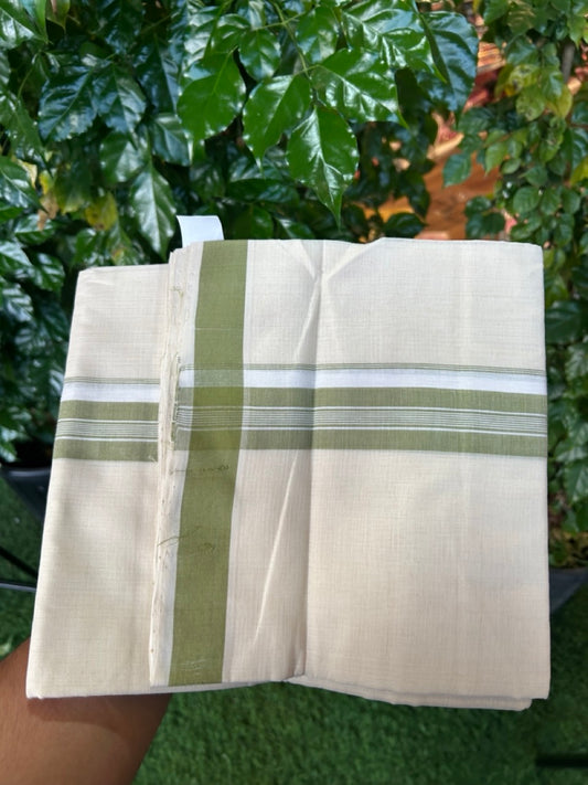 25% Discount KaithariKada Handloom Unakkupaav Balaramapuram - 100% PURE Cotton off white (Unbleached) Double Mundu/Dhoti - 80X90 - 1.25 inch Green Shaded Striped Kara 3.80 mtr (8 muzham) - 5 KK5260 ELA