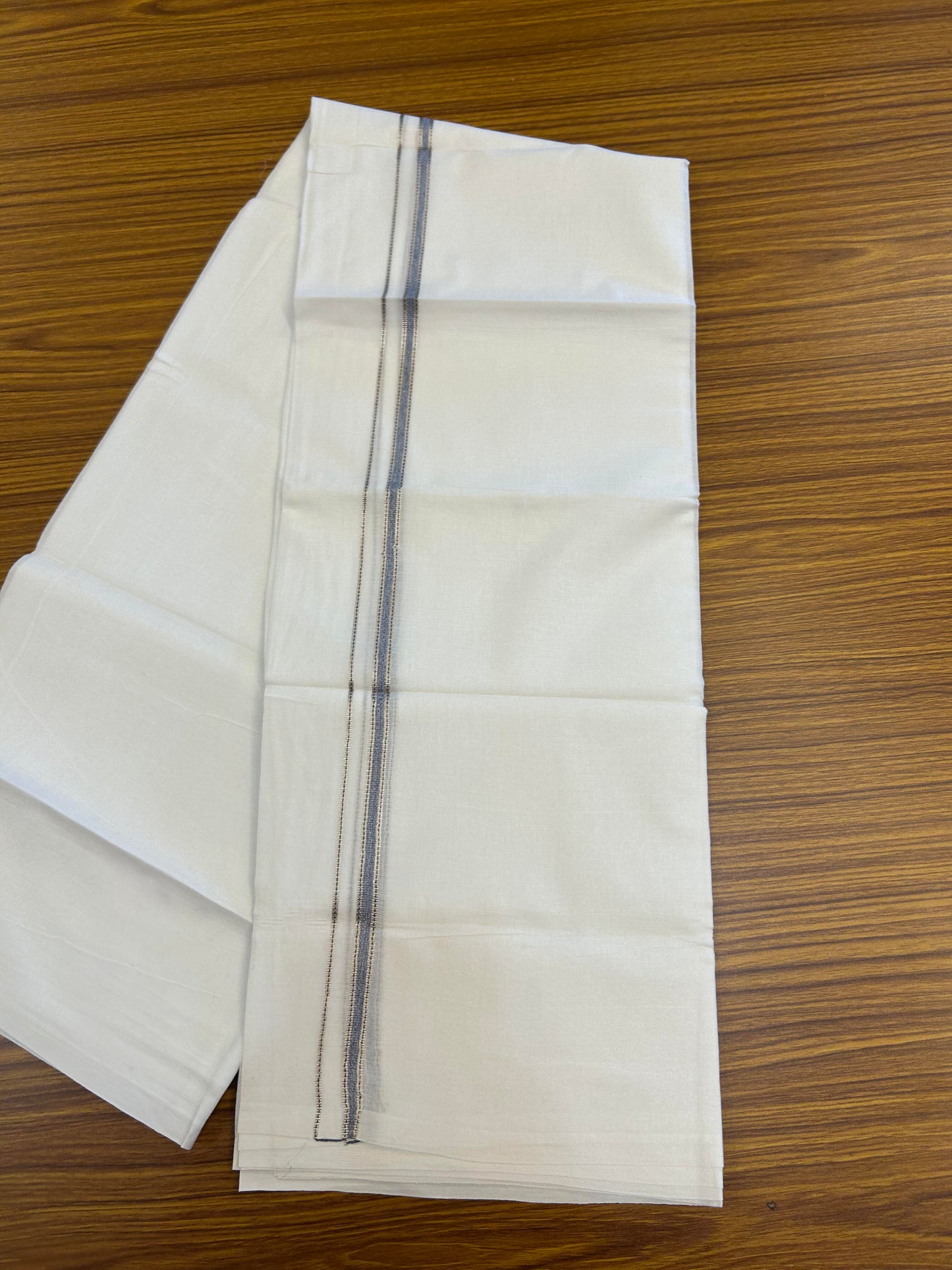 20% Discount! KaithariKada Balaramapuram 100% Cotton Double Pure white Mundu/Dhoti- 100X80 - 1 cm Navy Blue & Silver Kasav shaded Kara - Between3.80-3.95m (8 muzham) - 19 KK5355 CKS