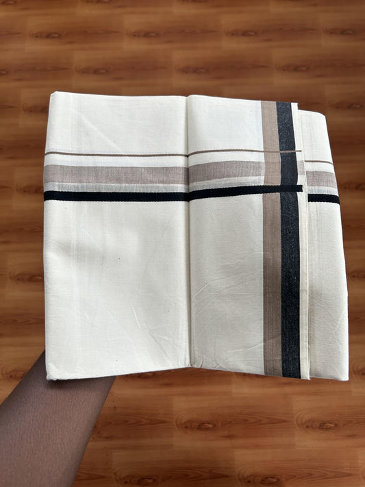 Single Mundu/Dhoti - Off White (Unbleached) 29% Discount !! KaithariKada Balaramapuram 100% Cotton Twisted 60s Thread - 1 Inch Silver Kasav & Black & Light Brown Shaded Kara (2 meter /4 muzham) - 8 KK5393 GL