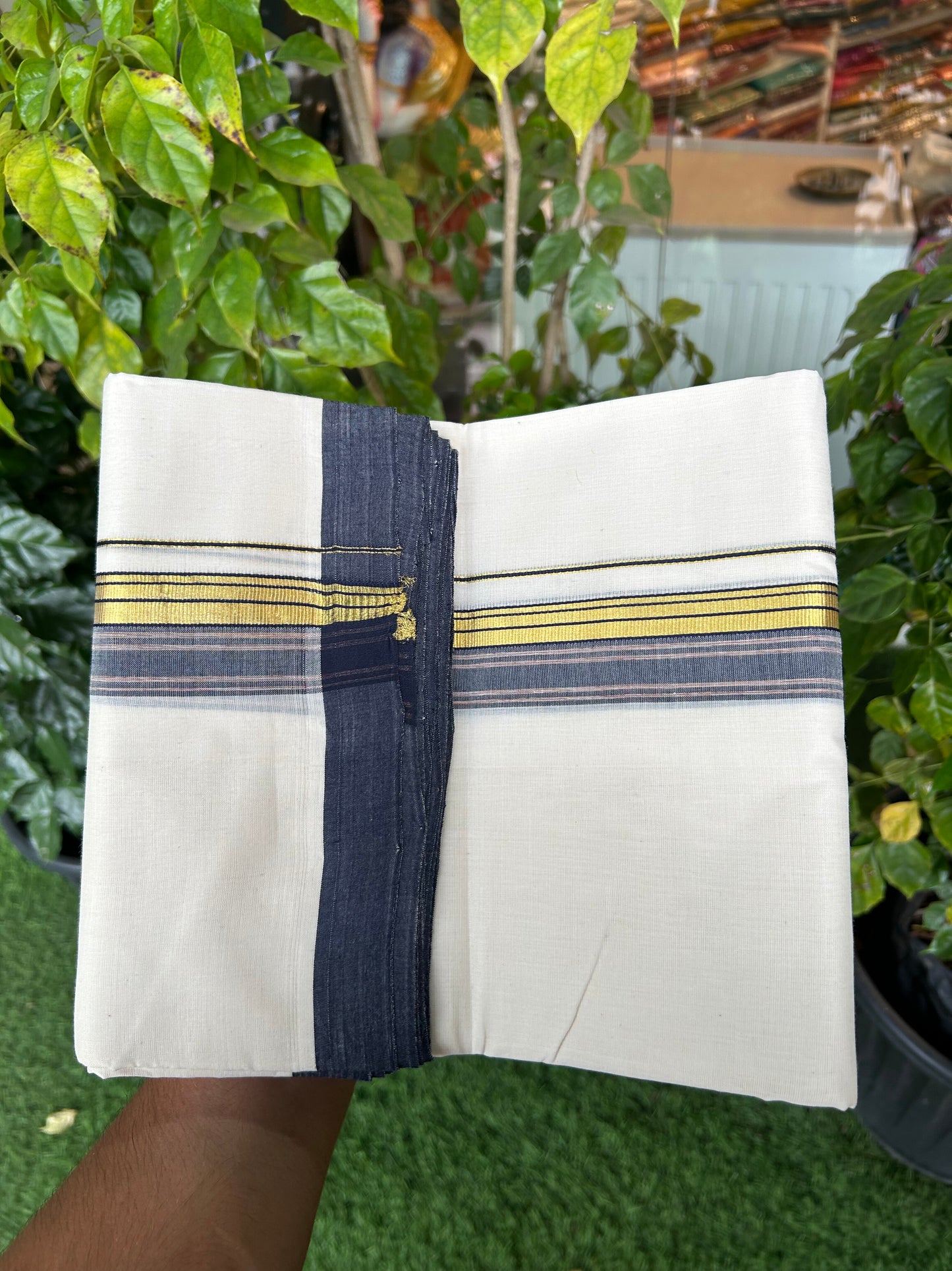 25% Discount ! KaithariKada Handloom Millpaav - Kerala Handloom - 100% Pure Cotton Off White (Unbleached) Double Mundu/Dothi - 80x90 - 1.5 inch Gold Kasav Navy Blue & Brown Shaded Striped Kara 3.60 Mtr (8 Muzham) - 21 KK5328 RAM