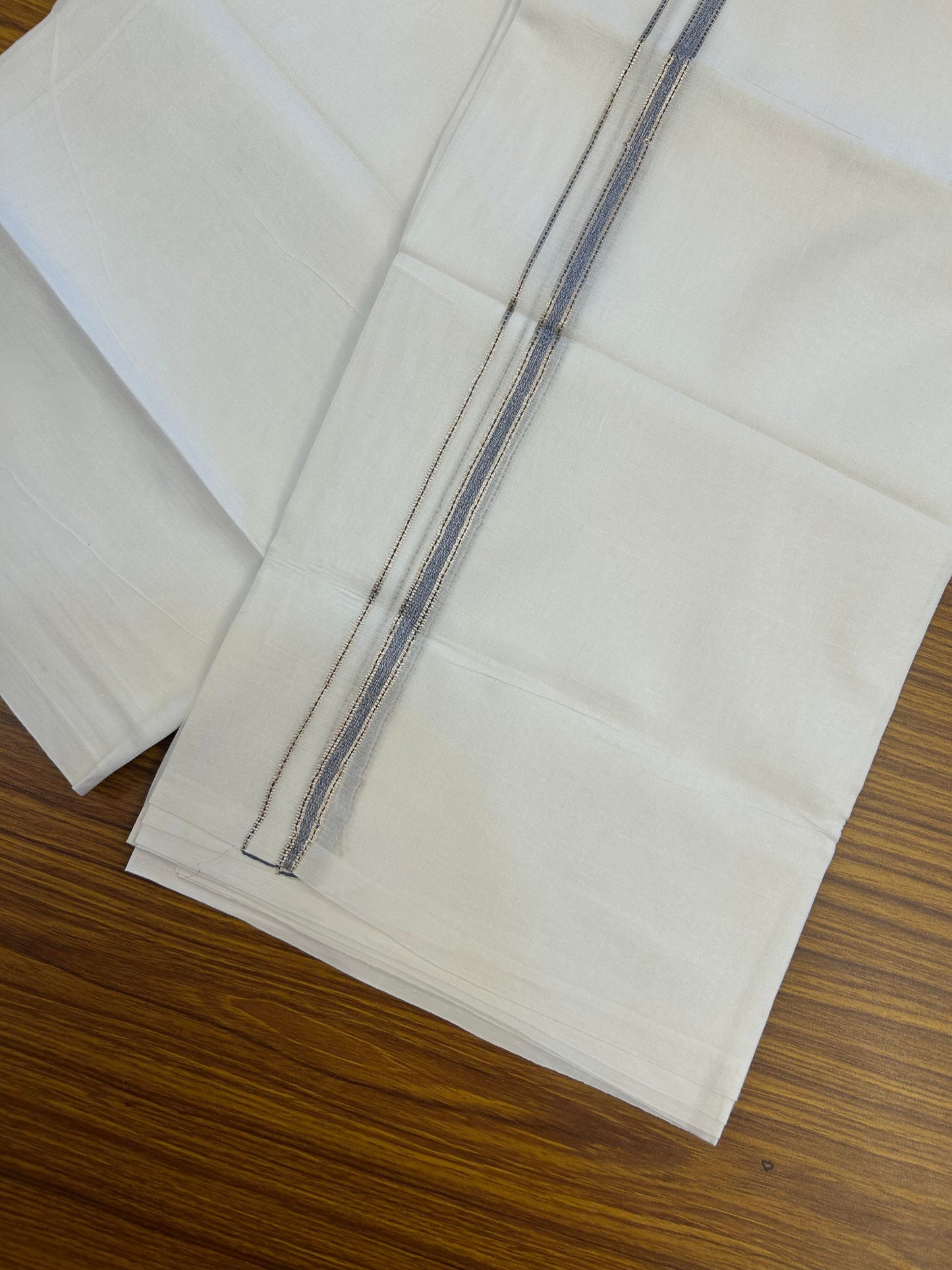 20% Discount! KaithariKada Balaramapuram 100% Cotton Double Pure white Mundu/Dhoti- 100X80 - 1 cm Navy Blue & Silver Kasav shaded Kara - Between3.80-3.95m (8 muzham) - 19 KK5355 CKS