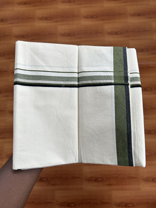 Single Mundu/Dhoti - Off White (Unbleached) 29% Discount !! KaithariKada Balaramapuram 100% Cotton Twisted 60s Thread - 1 Inch Silver Kasav & Black & Light Green Shaded Kara (2 meter /4 muzham) - 6 KK5393 GL