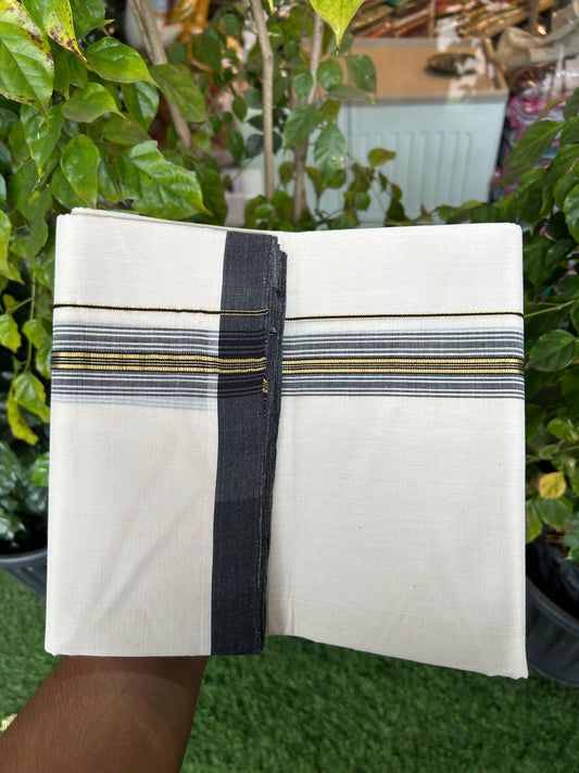 25% Discount ! KaithariKada Handloom Millpaav Balaramapuram - 100% Pure Cotton Off White (Unbleached) Double Mundu/Dothi - 80x90 - 1.5 inch Gold Kasav & Black Shaded Striped Kara 3.60 Mtr (8 Muzham) - 18 KK5328 RAM