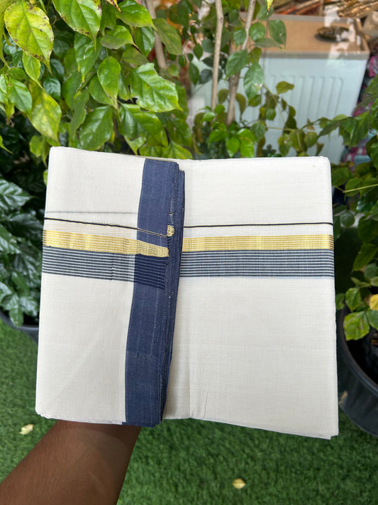 25% Discount ! KaithariKada Handloom Millpaav Balaramapuram - 100% Pure Cotton Off White (Unbleached) Double Mundu/Dothi - 80x90 - 1.5 inch Gold Kasav & Navy Blue Shaded Striped Kara 3.60 Mtr (8 Muzham) - 19 KK5328 RAM