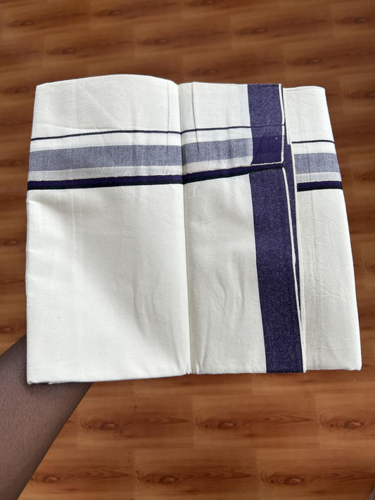 Single Mundu/Dhoti - Off White (Unbleached) 29% Discount !! KaithariKada Balaramapuram 100% Cotton Twisted 60s Thread - 1 Inch Silver Kasav & Black & Dark Violet Shaded Kara (2 meter /4 muzham) - 9 KK5393 GL