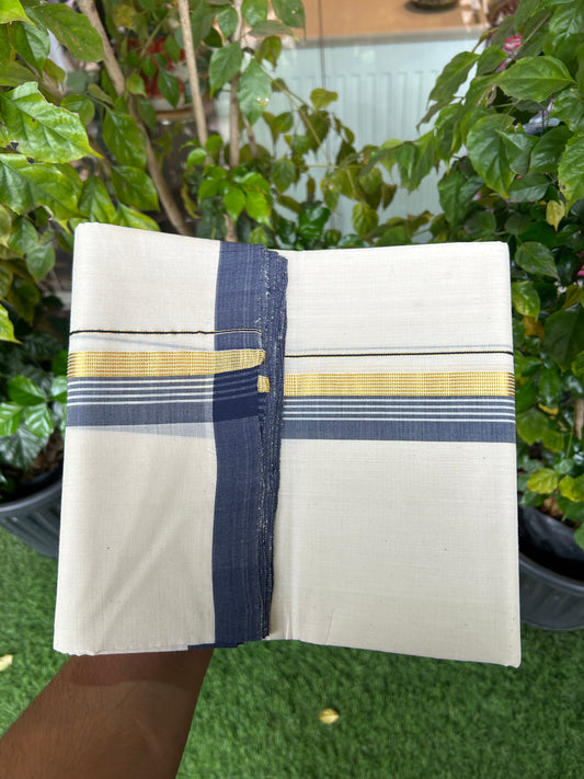 25% Discount ! KaithariKada Handloom Millpaav Balaramapuram - 100% Pure Cotton Off White (Unbleached) Double Mundu/Dothi - 80x90 - 1.5 inch Gold Kasav & Navy Blue Shaded Striped Kara 3.60 Mtr (8 Muzham) - 17 KK5328 RAM