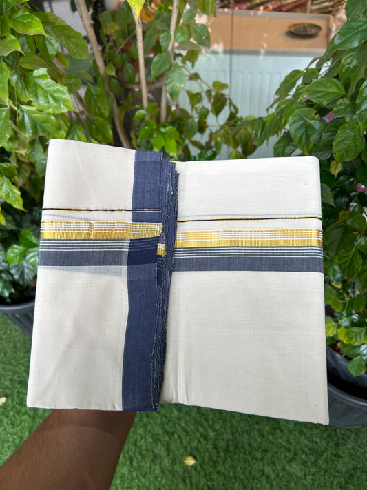25% Discount ! KaithariKada Handloom Millpaav Balaramapuram - 100% Pure Cotton Off White (Unbleached) Double Mundu/Dothi - 80x90 - 1.5 inch Gold Kasav & Navy Blue Shaded Striped Kara 3.60 Mtr (8 Muzham) - 20 KK5328 RAM
