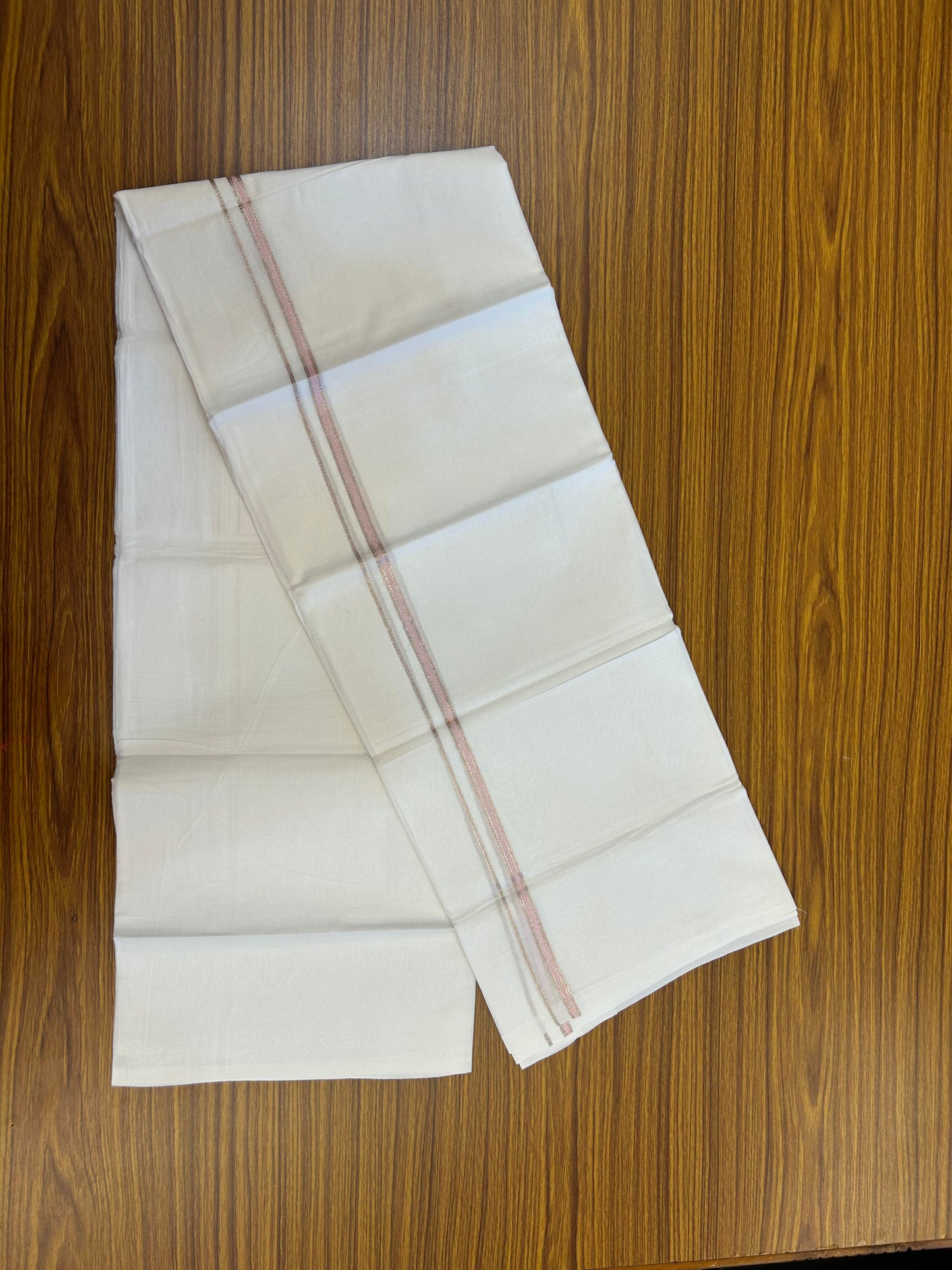 20% Discount! KaithariKada Balaramapuram 100% Cotton Double Pure white Mundu/Dhoti- 100X80 - 1 cm Baby Pink & Silver Kasav shaded Kara - Between3.80-3.95m (8 muzham) - 17 KK5355 CKS