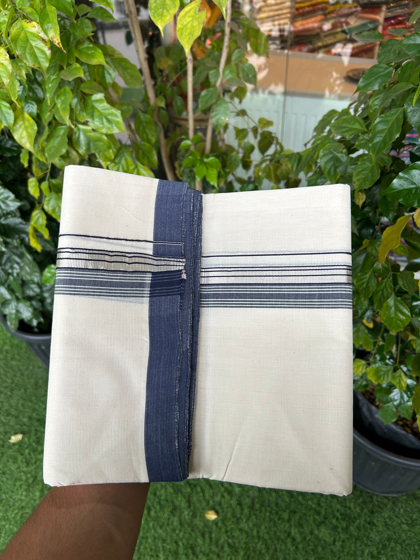 25% Discount ! KaithariKada Handloom Millpaav - Kerala Handloom - 100% Pure Cotton Off White (Unbleached) Double Mundu/Dothi - 80x90 - 1.5 inch Silver Kasav & Navy Blue Shaded Striped Kara 4 Mtr (8.5 Muzham) - 22 KK5328 RAM