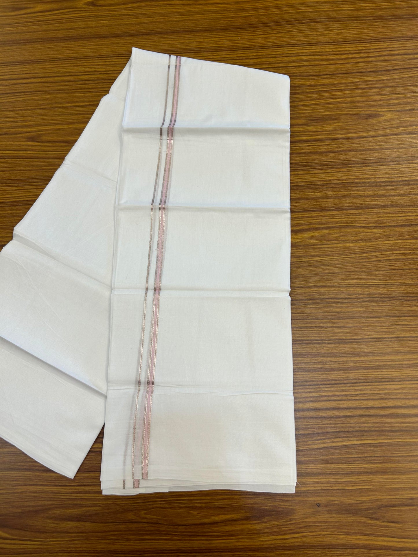 20% Discount! KaithariKada Balaramapuram 100% Cotton Double Pure white Mundu/Dhoti- 100X80 - 1 cm Baby Pink & Silver Kasav shaded Kara - Between3.80-3.95m (8 muzham) - 17 KK5355 CKS