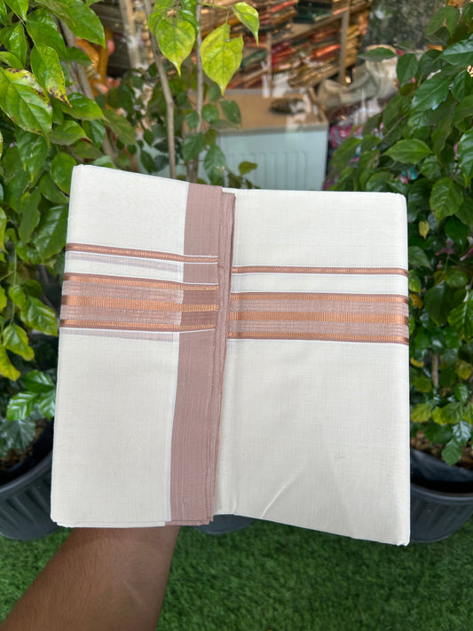 25% Discount ! KaithariKada Handloom Millpaav Balaramapuram - 100% Pure Cotton Off White (Unbleached) Double Mundu/Dothi - 80x90 - 1.5 inch Copper Kasav & Dusty Rose Striped Kara 4 Meters (8.5 Muzham) - 14 KK5328 RAM