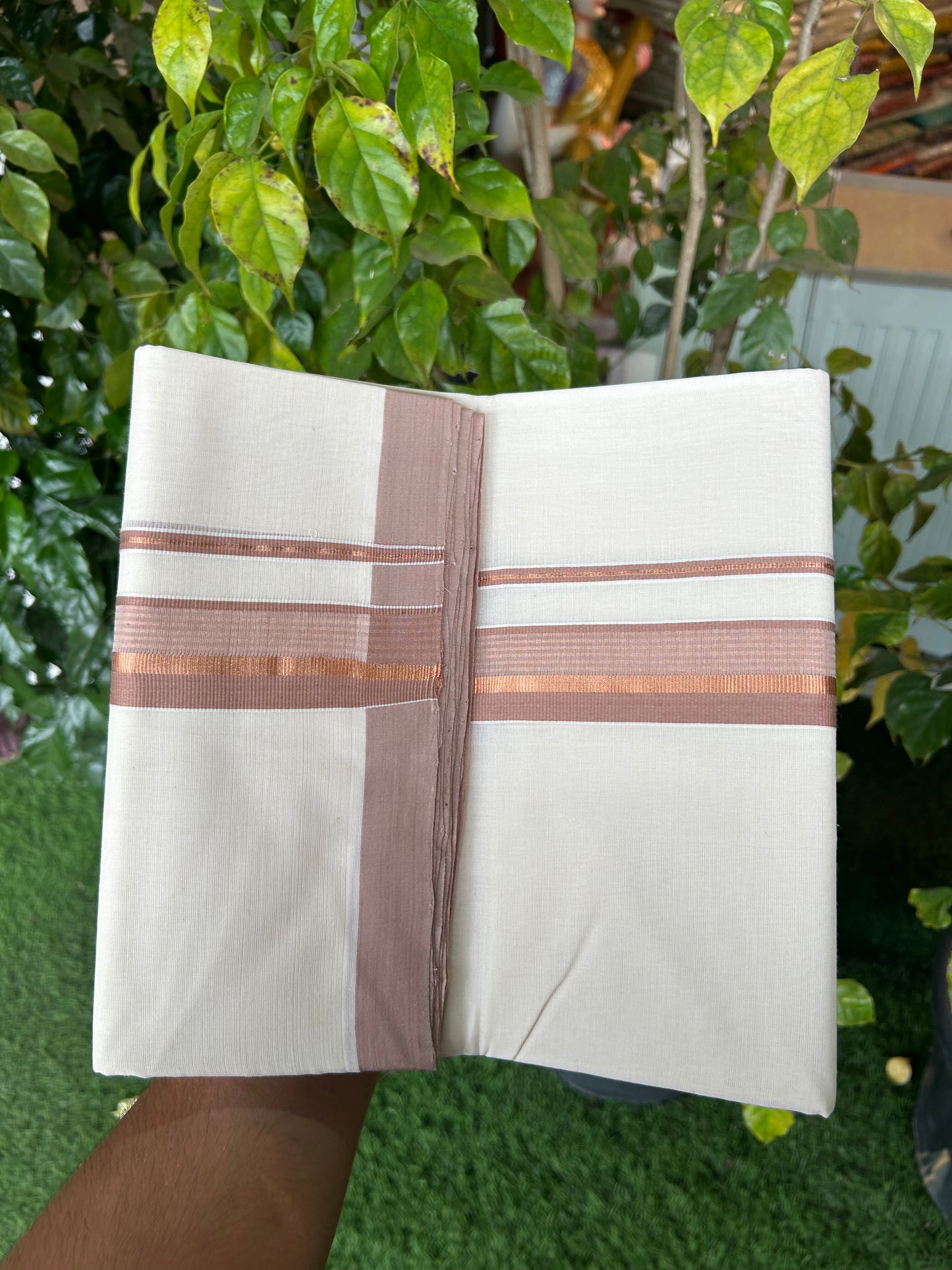 25% Discount ! KaithariKada Handloom Millpaav - Kerala Handloom- 100% Pure Cotton Off White (Unbleached) Double Mundu/Dothi - 80x90 - 1.5 inch Copper Kasav & Dusty Rose Striped Kara 4 Meters (8.5 Muzham) - 13 KK5328 RAM