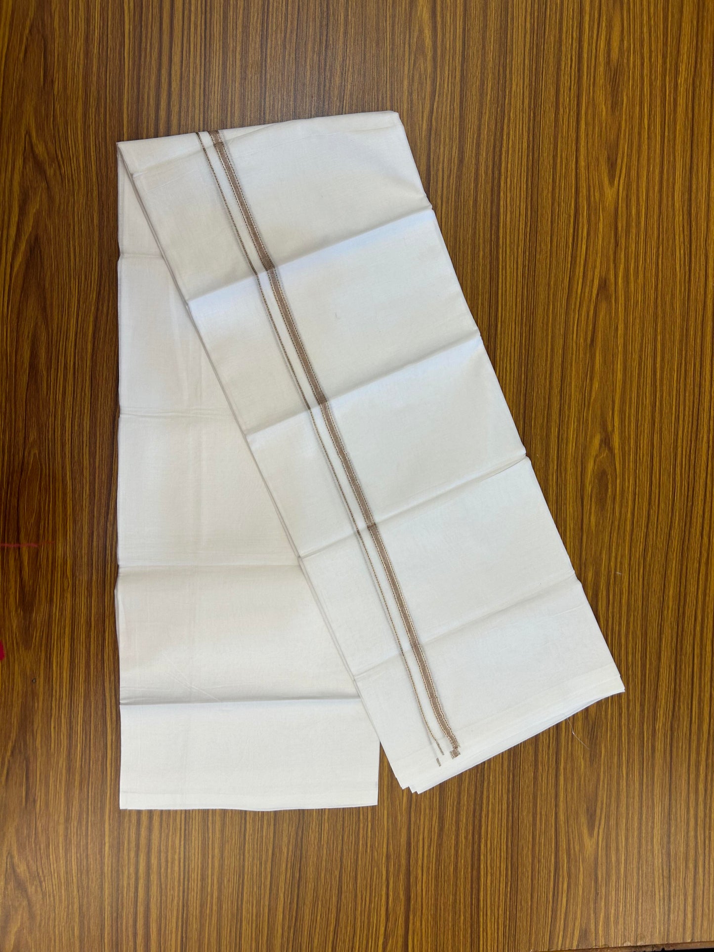 20% Discount! KaithariKada Balaramapuram 100% Cotton Double Pure white Mundu/Dhoti- 100X80 - 1 cm Brown & Silver Kasav shaded Kara - Between3.80-3.95m (8 muzham) - 20 KK5355 CKS