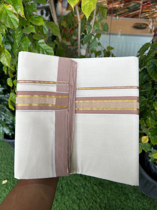 25% Discount ! KaithariKada Handloom Millpaav Balaramapuram - 100% Pure Cotton Off White (Unbleached) Double Mundu/Dothi - 80x90 - 1.5 inch Gold Kasav & Dusty Rose Striped Kara 4 Meters (8.5 Muzham) - 1 KK5328 RAM