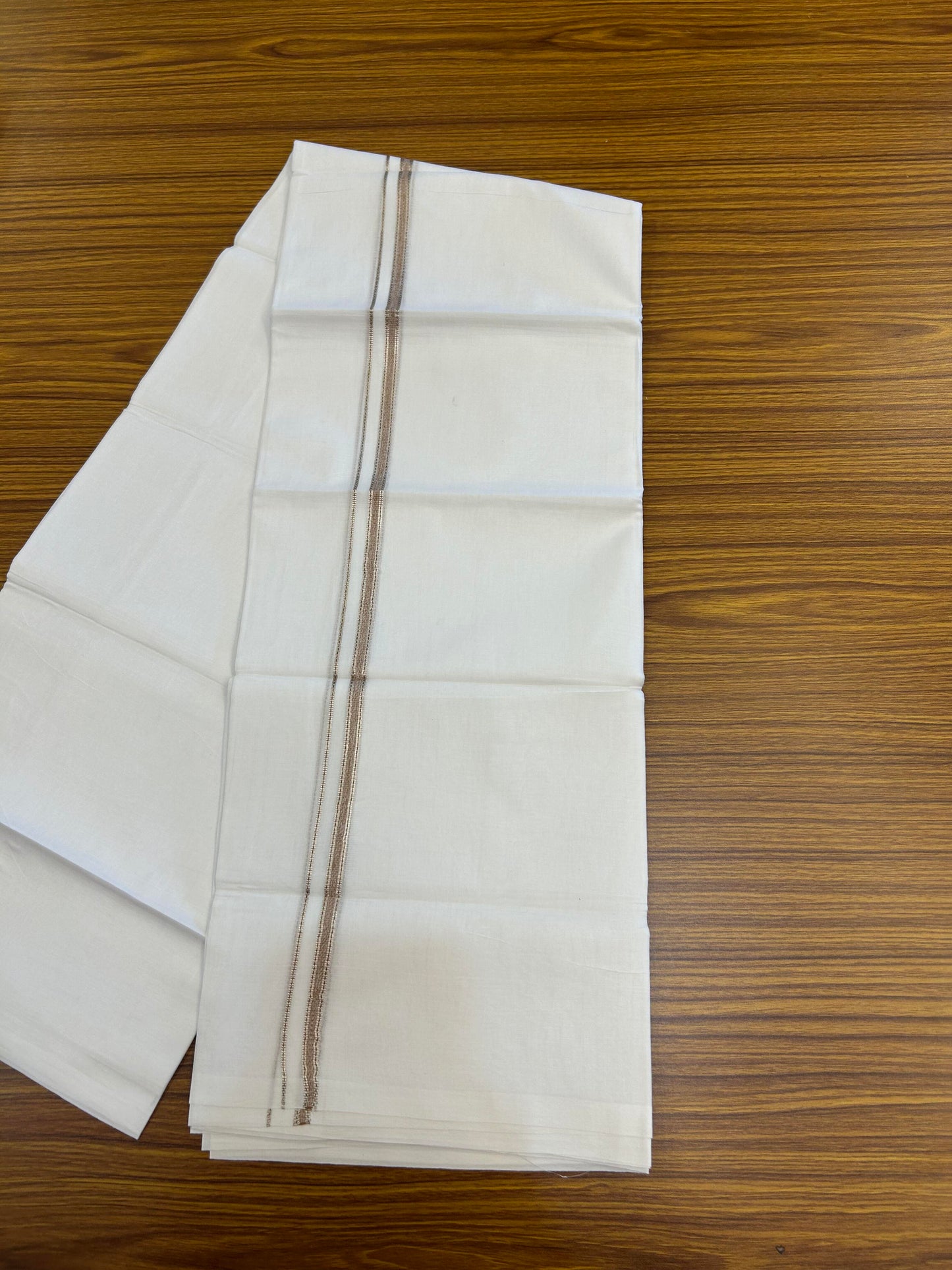 20% Discount! KaithariKada Balaramapuram 100% Cotton Double Pure white Mundu/Dhoti- 100X80 - 1 cm Brown & Silver Kasav shaded Kara - Between3.80-3.95m (8 muzham) - 20 KK5355 CKS
