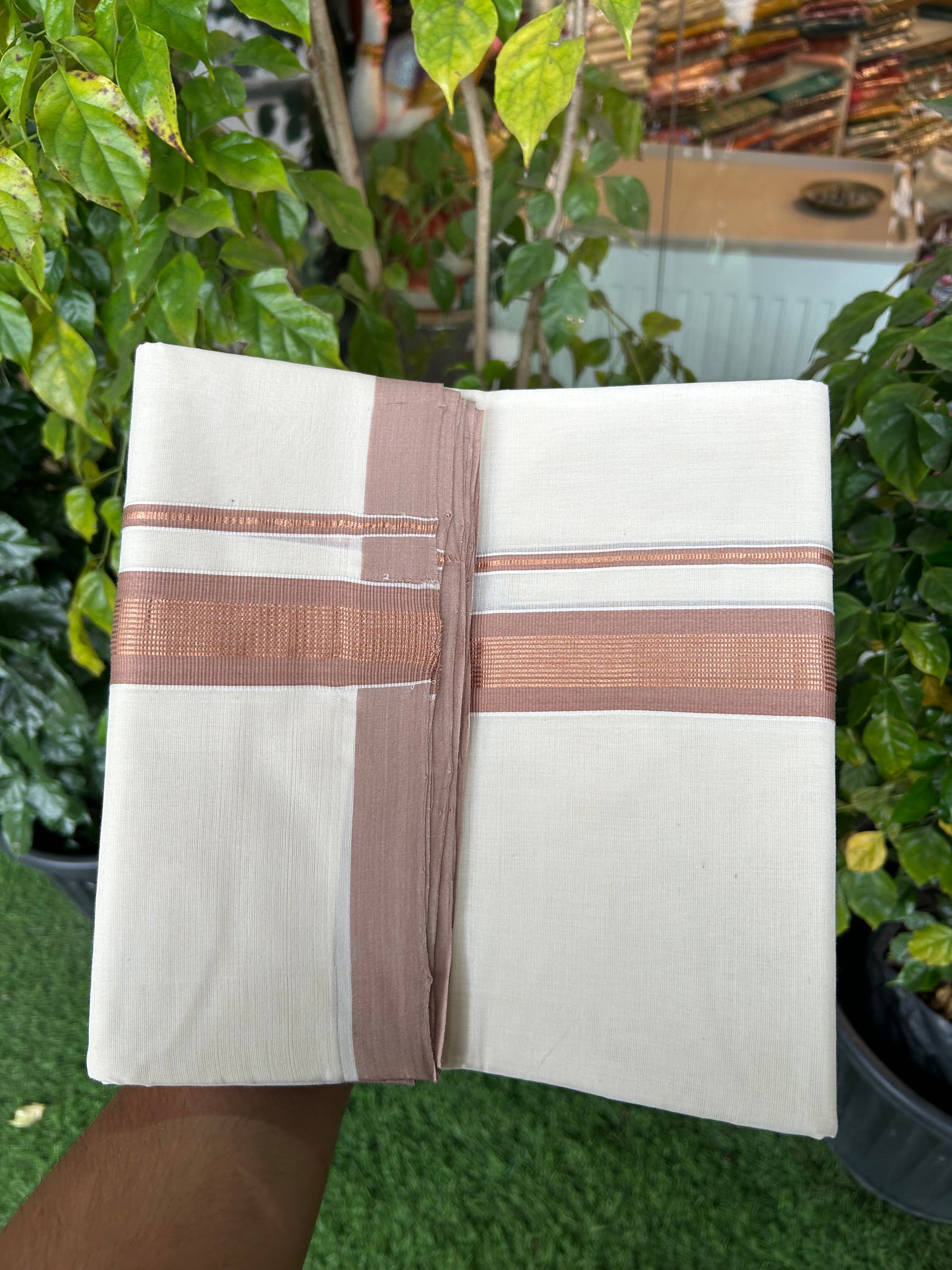 25% Discount ! KaithariKada Handloom Millpaav Balaramapuram - 100% Pure Cotton Off White (Unbleached) Double Mundu/Dothi - 80x90 - 1.5 inch Copper Kasav & Dusty Rose Striped Kara 4 Meters (8.5 Muzham) - 12 KK5328 RAM
