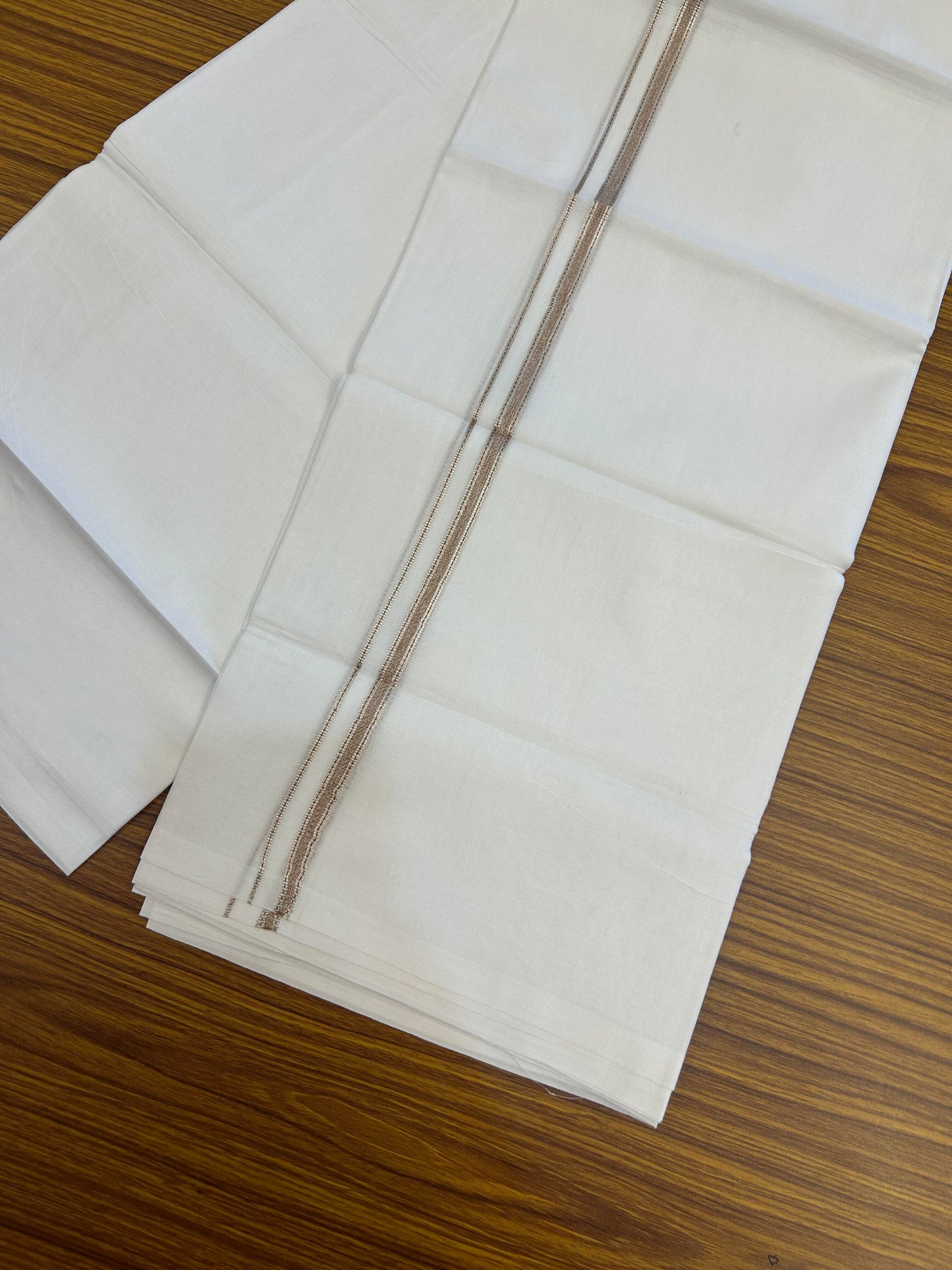 20% Discount! KaithariKada Balaramapuram 100% Cotton Double Pure white Mundu/Dhoti- 100X80 - 1 cm Brown & Silver Kasav shaded Kara - Between3.80-3.95m (8 muzham) - 20 KK5355 CKS