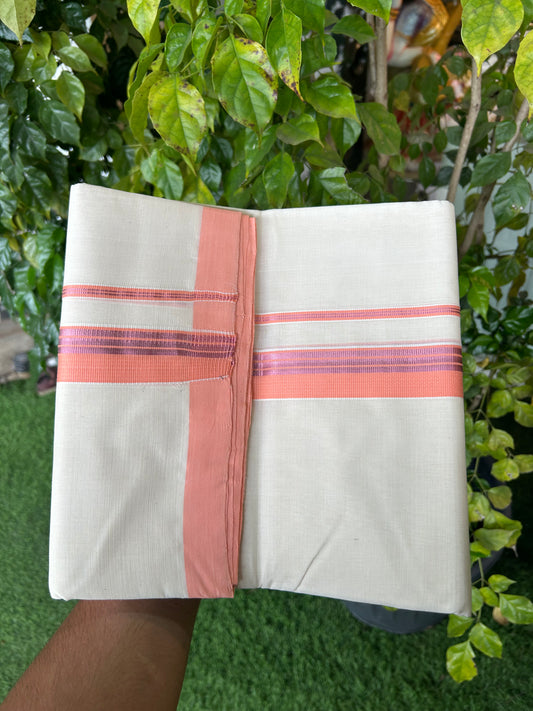 25% Discount ! KaithariKada Handloom Millpaav Balaramapuram - 100% Pure Cotton Off White (Unbleached) Double Mundu/Dothi - 80x90 - 1.5 inch Rose Pink Kasav & Peach Striped Kara 4 Meters (8.5 Muzham) - 11 KK5328 RAM