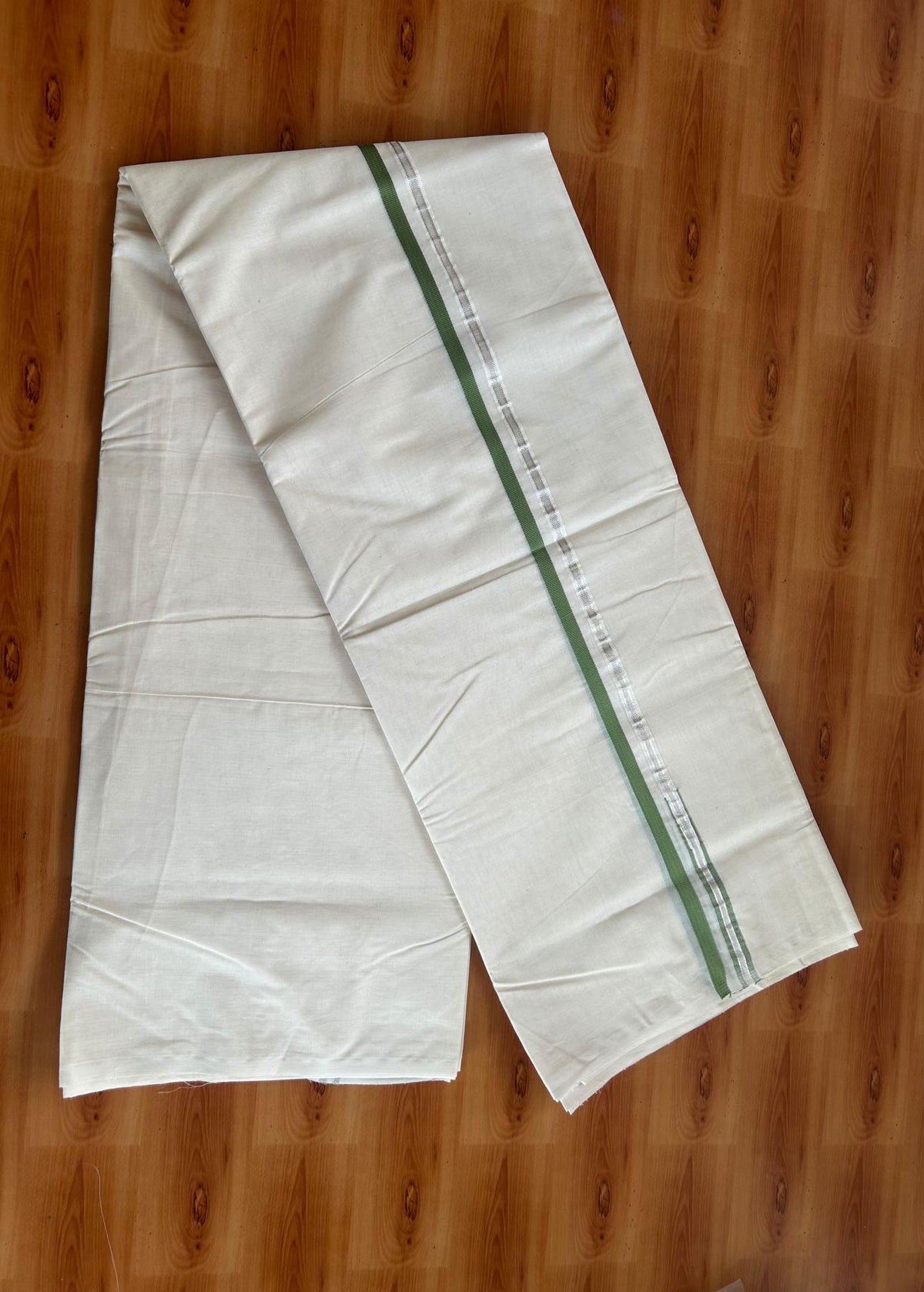 Double Off White (Unbleached) Mundu/Dhoti - 20% Discount!! KaithariKada Pulimood 100% Cotton 100x100 - 1 cm Puliyilakkara Silver Kasav & Forest Green Striped Chutty Kara - 3.75 mtr (8 muzham) - 6 KK5546 ASH