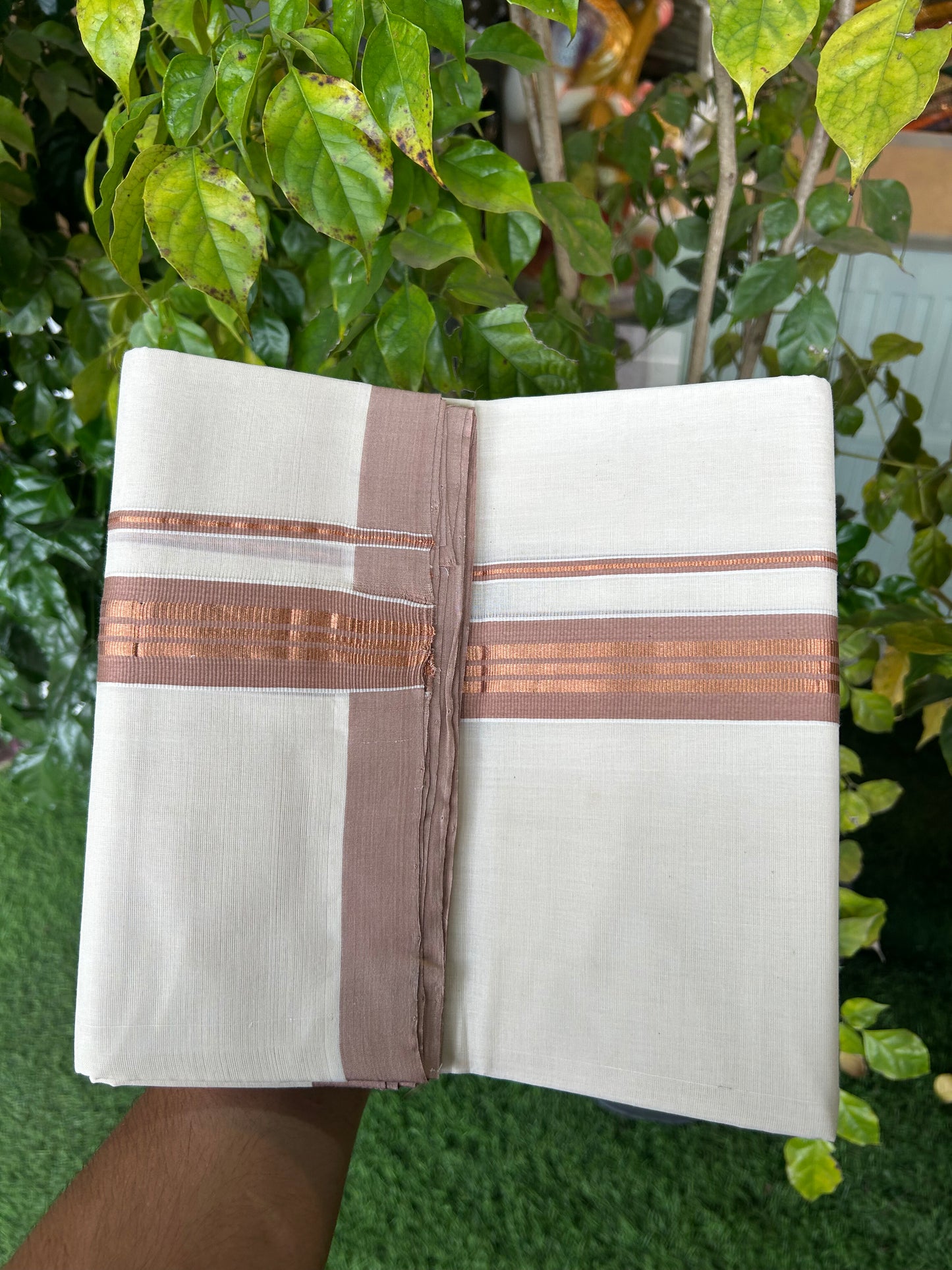 25% Discount ! KaithariKada Handloom Millpaav - Kerala Handloom - 100% Pure Cotton Off White (Unbleached) Double Mundu/Dothi - 80x90 - 1.5 inch Copper Kasav & Dusty Rose Striped Kara 4 Meters (8.5 Muzham) - 10 KK5328 RAM