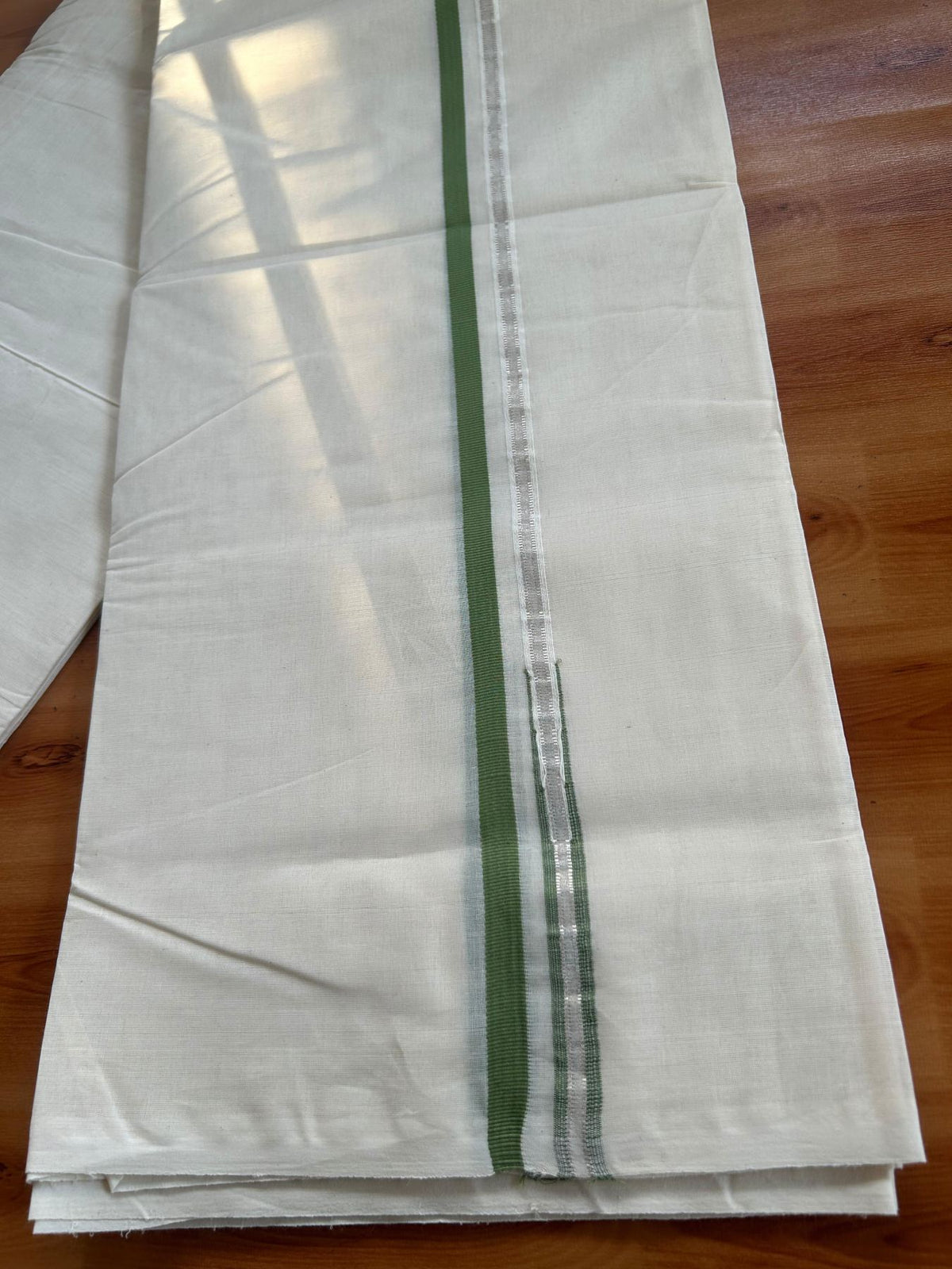 Double Off White (Unbleached) Mundu/Dhoti - 20% Discount!! KaithariKada Pulimood 100% Cotton 100x100 - 1 cm Puliyilakkara Silver Kasav & Forest Green Striped Chutty Kara - 3.75 mtr (8 muzham) - 6 KK5546 ASH