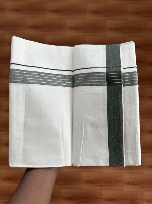 Single Mundu/Dhoti - Off White (Unbleached) 29% Discount !! KaithariKada Balaramapuram 100% Cotton Twisted 60s Thread - 1 Inch Silver Kasav & Green Shaded Striped Kara (2 meter /4 muzham) - 13 KK5393 GL