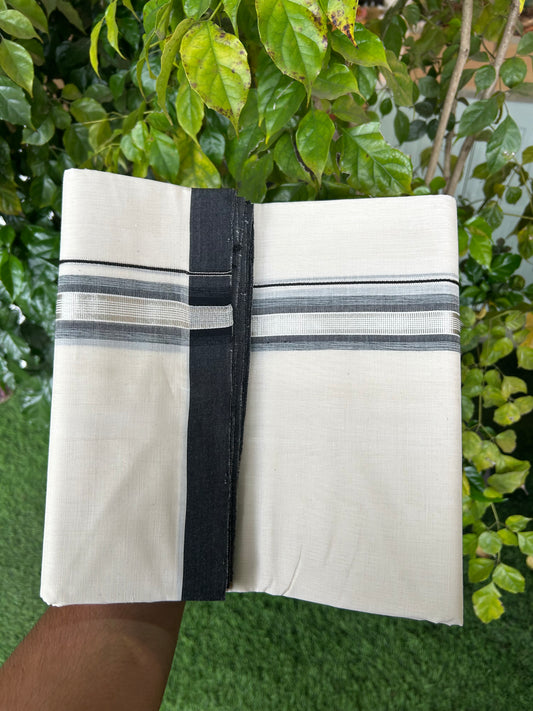 25% Discount ! KaithariKada Handloom Millpaav Balaramapuram - 100% Pure Cotton Off White (Unbleached) Double Mundu/Dothi - 80x90 - 1.5 inch Silver Kasav & Black Striped Kara 4 Meters (8.5 Muzham) - 9 KK5328 RAM